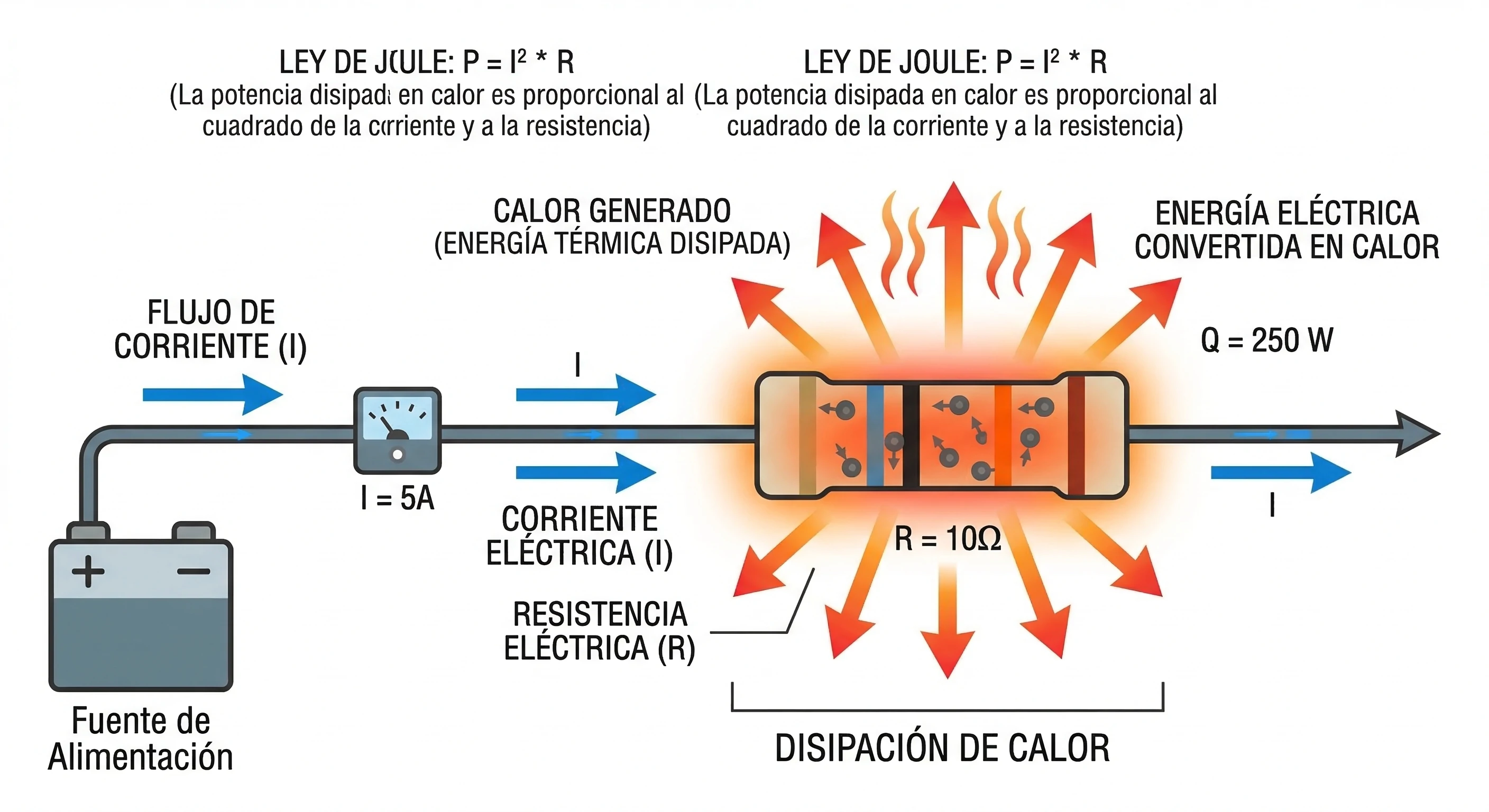 Disipación de potencia en una resistencia transformando energía eléctrica en calor